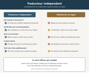 Infographie : traducteur assermenté indépendant ou plateforme en ligne, le comparatif