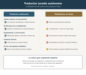 Infografía: traductor jurado autónomo o plataforma en línea, la comparativa